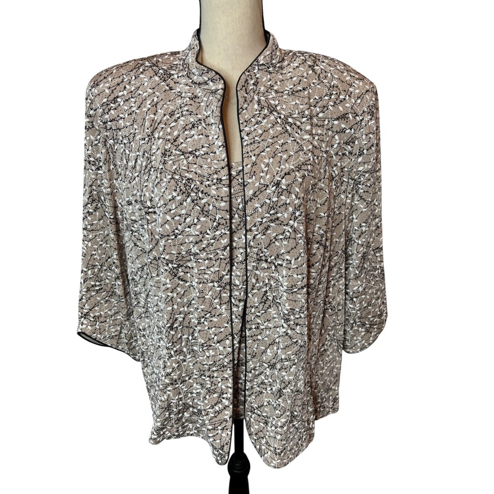 Alex Evenings Womens 3X Tan Black Branch Print Jacket Tank 2 Piece Set Trim
